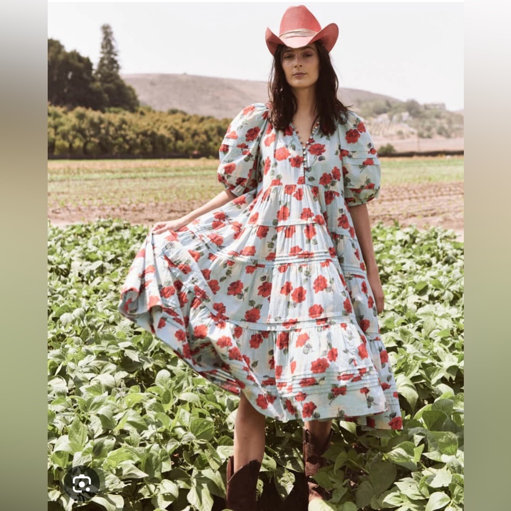 THE GREAT. Pleated Ravine Dress in Western Rose Print Sz 3 Large